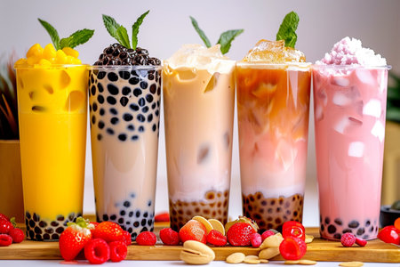 Iced Milk Tea with Bubbles and Berries. Selective focus.の素材