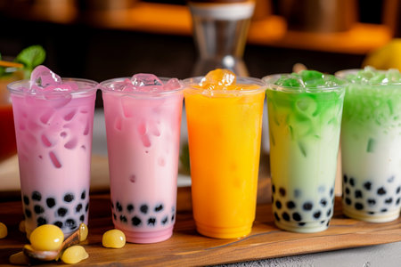 Strawberry and milk bubble tea in plastic cups on wooden trayの素材