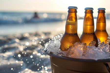 Bottles of beer in ice bucket on the beach at sunset.の素材