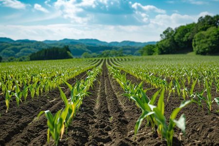 Rows of young corn plants growing on a field in the countryside.の素材