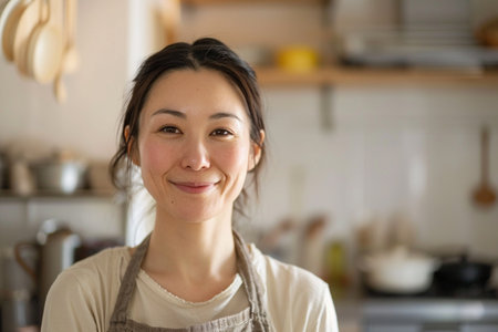 Portrait of smiling asian woman in apron standing in kitchen.の素材