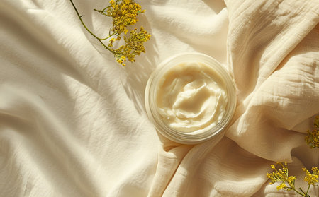 Cosmetic cream in a jar on a white background with yellow flowersの素材