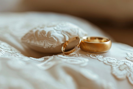 Wedding rings on a white pillow, close-up.の素材