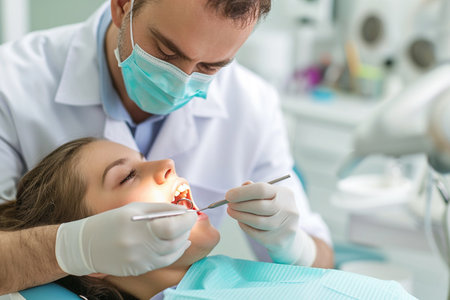 Dentist and patient at dental clinic. Dentistry and health care concept.の素材