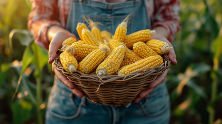 Young woman holding a basket of fresh corn on the cob in the fieldの素材