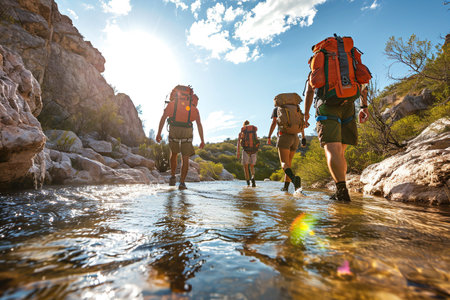 Backpackers hiking in mountain river. Sport and active life conceptの素材