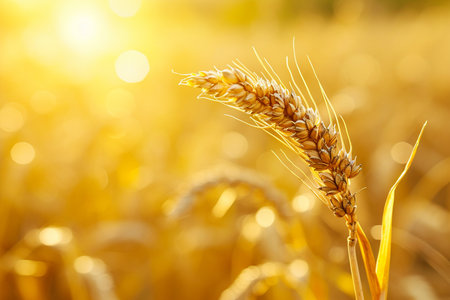 Golden ears of wheat on the background of the field and the sunの素材