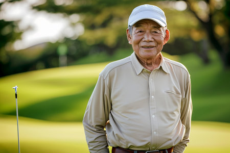 Portrait of happy senior man smiling at camera while standing on golf courseの素材
