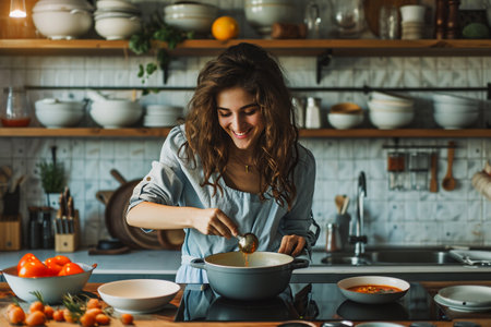 Beautiful young woman cooking soup in the kitchen at home. Healthy food conceptの素材