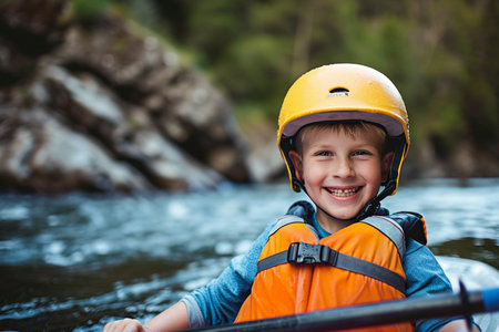 Cute little boy kayaking on the river. Active lifestyle concept.の素材