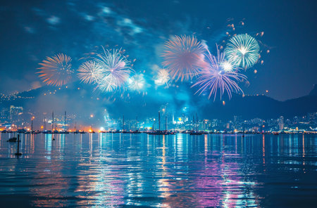 Colorful fireworks of various colors over the bay of Hong Kong.の素材