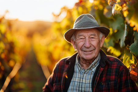 Portrait of senior man in vineyard at sunset. Old man in hat and plaid shirt standing in vineyard.の素材