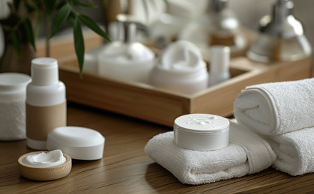 Beautiful spa composition with cosmetic products on wooden table, closeupの素材