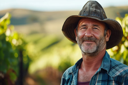 Portrait of a senior man in a hat and plaid shirt in vineyardの素材