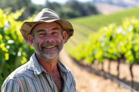 Portrait of happy senior man standing in vineyard on a sunny dayの素材