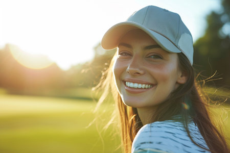 Portrait of beautiful young woman in baseball cap smiling and looking at camera while standing on golf courseの素材
