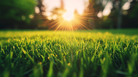 Green grass and sunlight with bokeh effect. Natural background.の素材