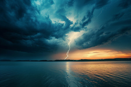 Thunderstorm over the sea at sunset. Dramatic sky with lightningの素材