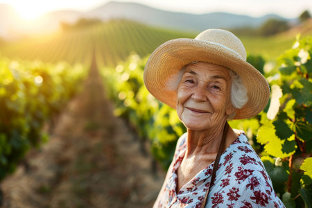 Portrait of smiling senior woman in hat standing in vineyard at sunsetの素材
