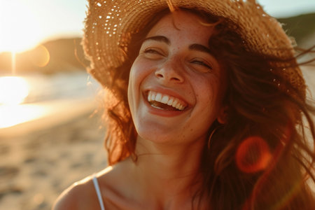 Close up portrait of a happy young woman in straw hat on the beachの素材