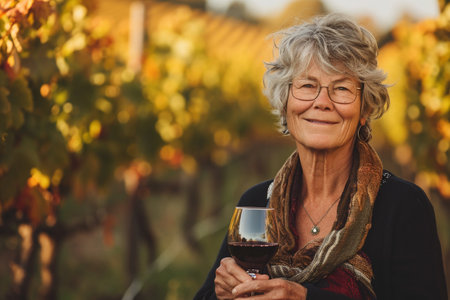 Portrait of senior woman drinking red wine in vineyard in autumnの素材