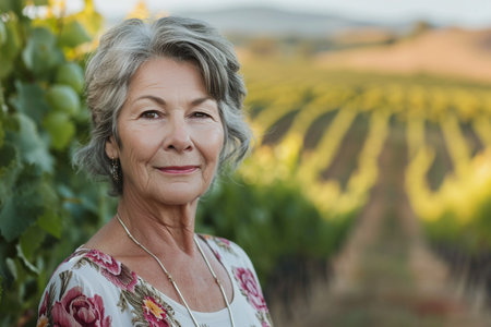 Portrait of happy senior woman in vineyard looking at the cameraの素材