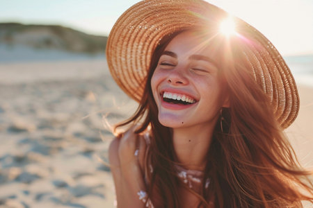 Close-up portrait of a smiling young woman in straw hat on the beachの素材