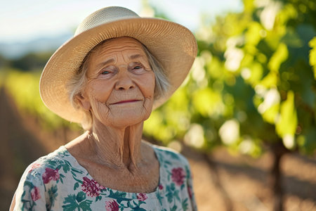Portrait of senior woman in hat in vineyard on sunny dayの素材