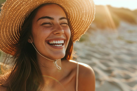Photo of a beautiful young happy woman in hat on the beach.の素材