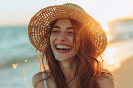 portrait of a beautiful red-haired girl in a straw hat on the beachの素材
