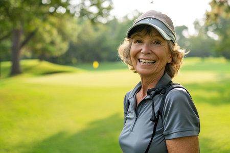 Portrait of a happy senior woman smiling at the camera on a golf courseの素材