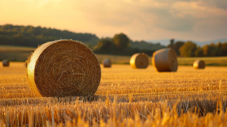 Harvested field with straw bales at sunset, Czech Republicの素材