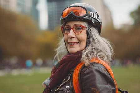 Portrait of senior woman with helmet and glasses in the city.の素材