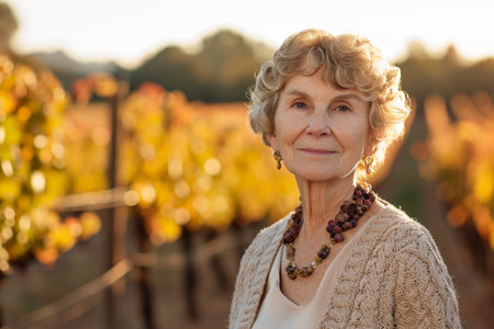 Portrait of a beautiful senior woman in the vineyard at sunsetの素材