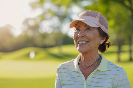 Portrait of smiling senior woman standing by golf course during sunny dayの素材