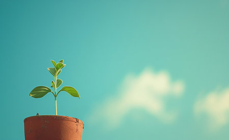 Green plant in clay pot on blue sky background with copy space.の素材