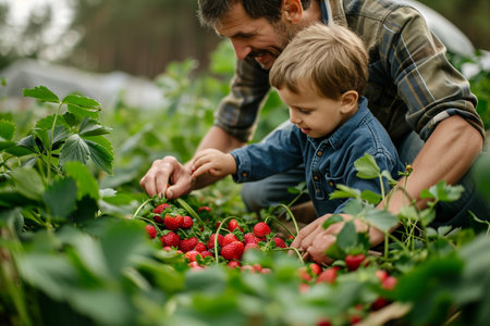 Father and son picking strawberries in the garden. Selective focus.の素材