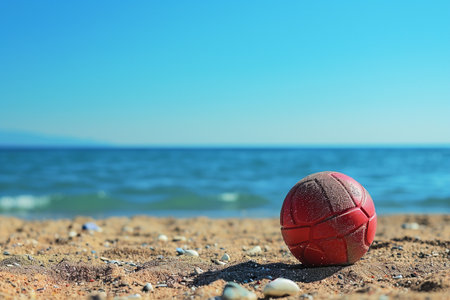 Volleyball ball on the sand on the background of the seaの素材