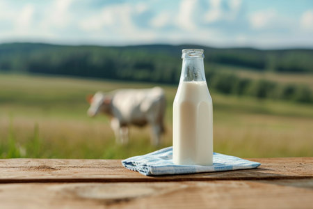 Bottle of milk on wooden table in field, closeup viewの素材
