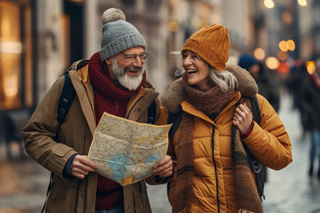 Cheerful senior couple holding map and looking at camera while walking in cityの素材