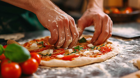 Close-up of male hands kneading dough for pizza.の素材