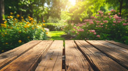 Wooden table in the garden with blurred background, vintage tone.の素材