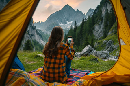 Young woman taking photo on smartphone while sitting in camping tent in mountainsの素材
