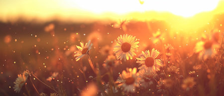 Beautiful daisies on meadow at sunset. nature backgroundの素材