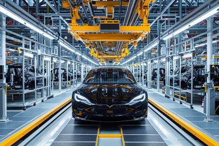 3d rendering of modern car in a production line in a factoryの素材