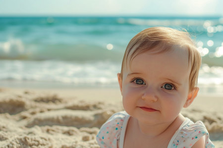 Portrait of a baby girl on the beach. Selective focus.の素材