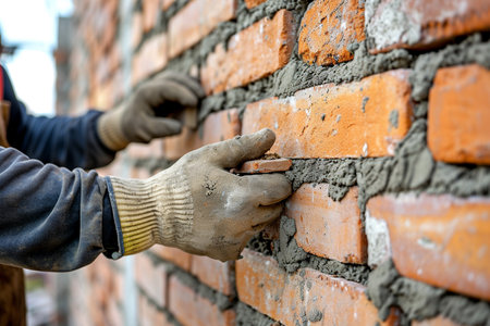 Worker plastering a brick wall with a spatula, close-upの素材