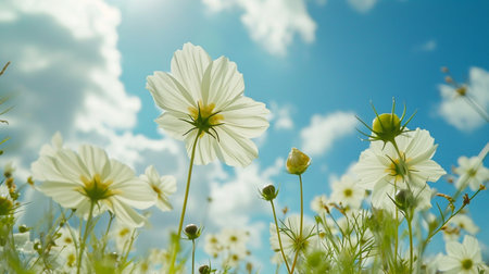 White cosmos flower blooming in the meadow with blue sky backgroundの素材