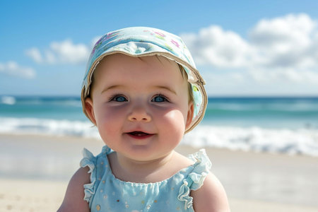 Portrait of a cute baby girl at the beach on a sunny dayの素材