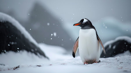 Gentoo penguin (Pygoscelis papua) on the snowの素材